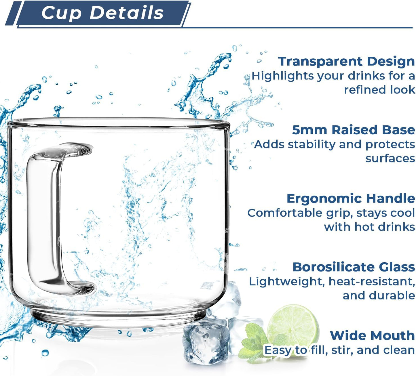 Aquach 18oz Large Clear Glass Coffee Mugs Set of 2 - Serve as General Drinking Glasses for Water, Coffee, Tea, and Juice
