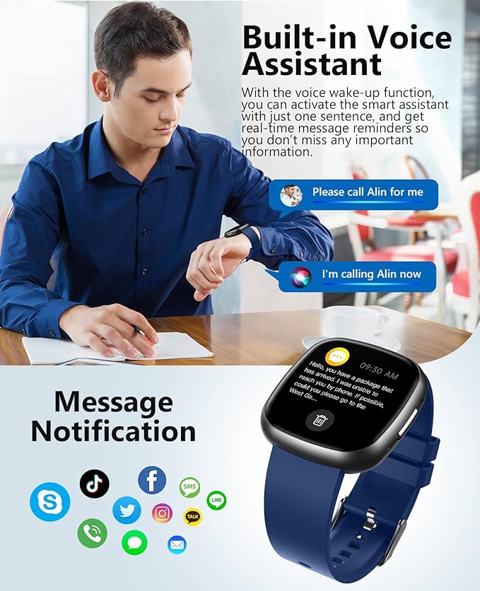 Smart Watches for Men Women,1.72" HD Touch Screen Fitness Tracker with Answer/Make Calls,IP68 Waterproof Heart Rate/Sleep/SpO2 Monitor, Pedometer, 100+ Sport Modes，Smartwatch for Android iPhone,Blue