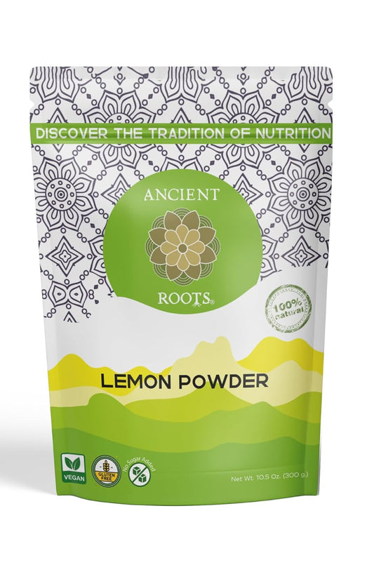 Ancient Roots Lemon Powder - Freeze-Dried, All-natural, No Sugar Added, Pure Citrus Fruit Powder, Natural Electrolyte, Good for Lemonades and Cocktails, Resealable Pouch - 10.5 ounces (75 servings)