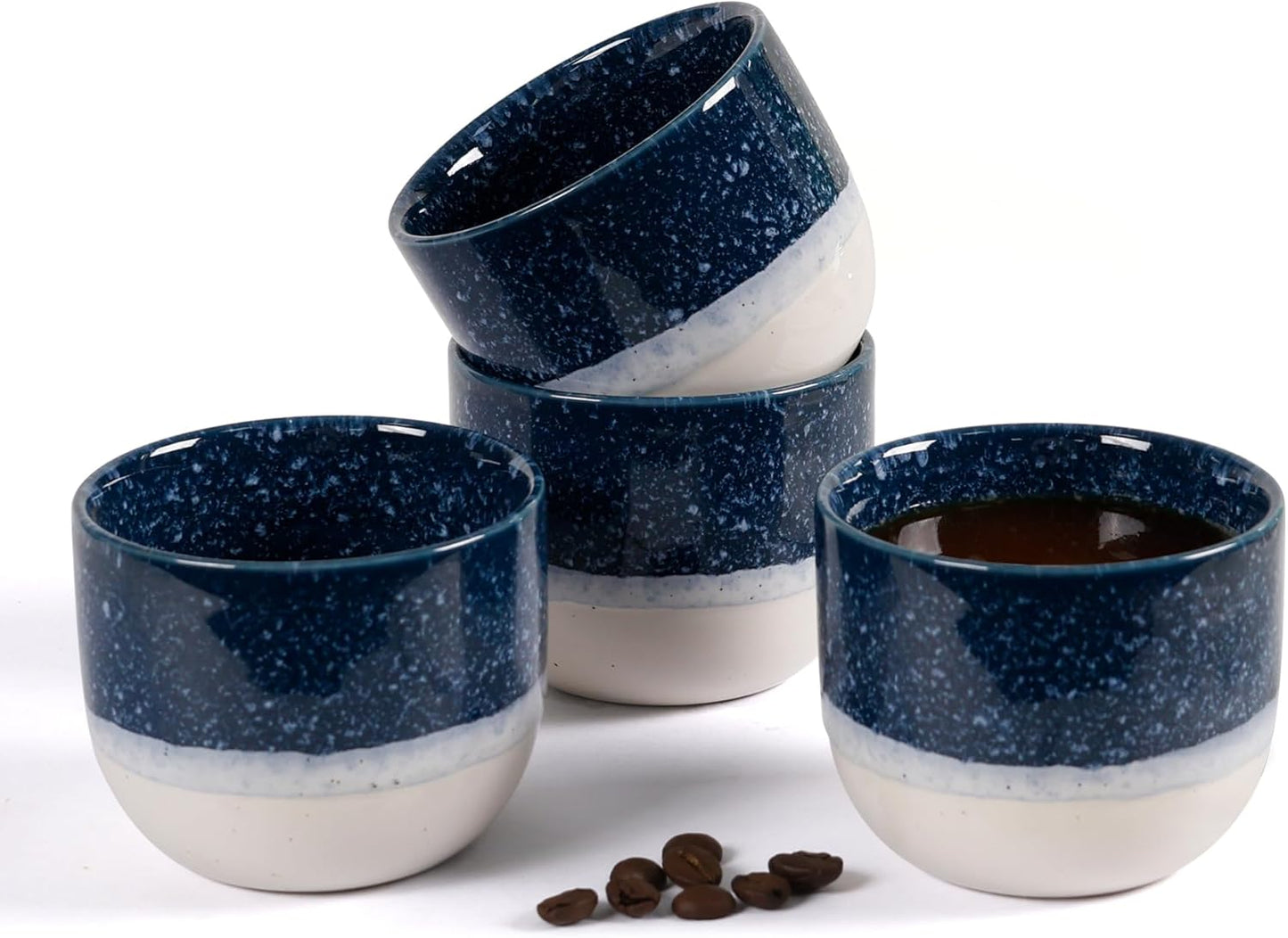 Ceramic Espresso Cups Set of 4, Double Walled Espresso Coffee Mugs for Nespresso Cups, Special glazed Demitasse Cups Coffee Cup for Machine (Blue)