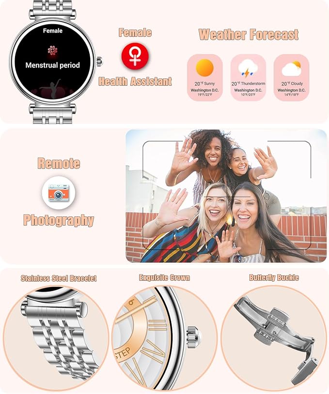 Smart Watch for Women 1.27" Color Screen Waterproof Fitness Activity Tracker Rose Gold Women's Smart Watch with Heart Rate Sleep Monitor for Android and iOS (Full Silver Steel RT-i109)