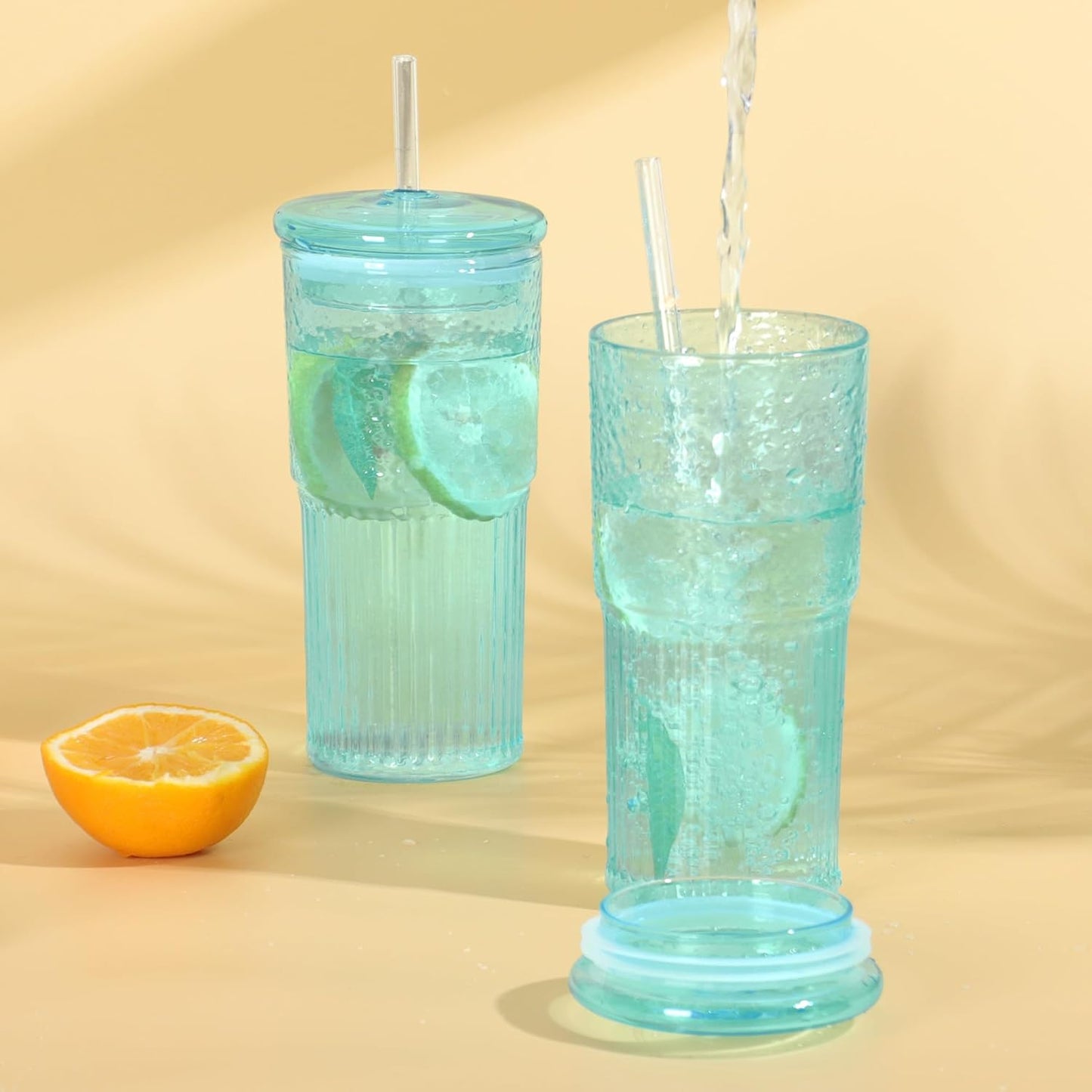 20 OZ Glass Cup with Lids and Glass Straws, High Borosilicate Iced Coffee Glass Tumblers with Lid and Straw for Drinks, 2pcs Reusable Wide Mouth Smoothie Cup(Blue)