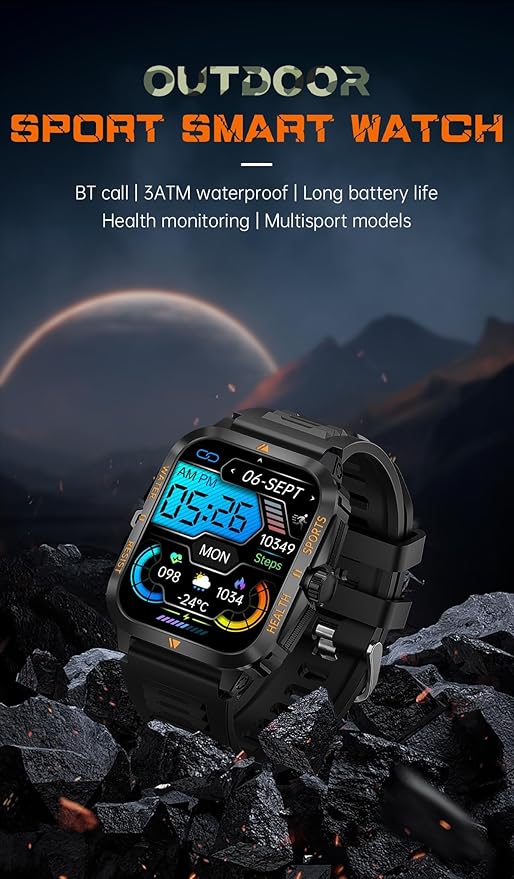 Smart Watch for Men, Outdoor 3ATM Waterproof, BT Make/Answer Call Function, 2" HD Large Screen Smartwatch for iPhone Android Phones, 100+ Sport Modes Fitness Tracker Heart Rate Sleep Monitor, Black