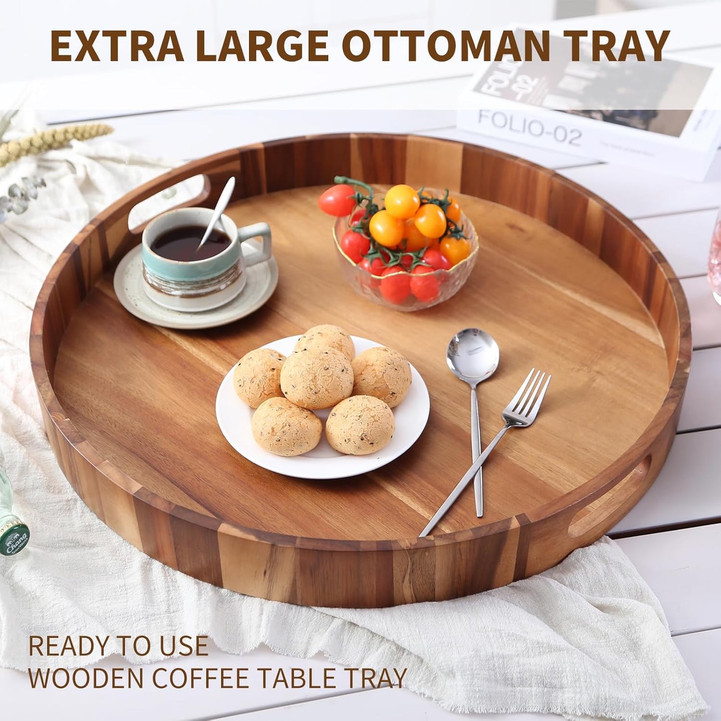 Extra Large 20" Acacia Wood Tray with Handles - Wooden Serving Tray for Ottoman, Coffee Table, Charcuterie, Bed & Breakfast - Rustic Modern Style