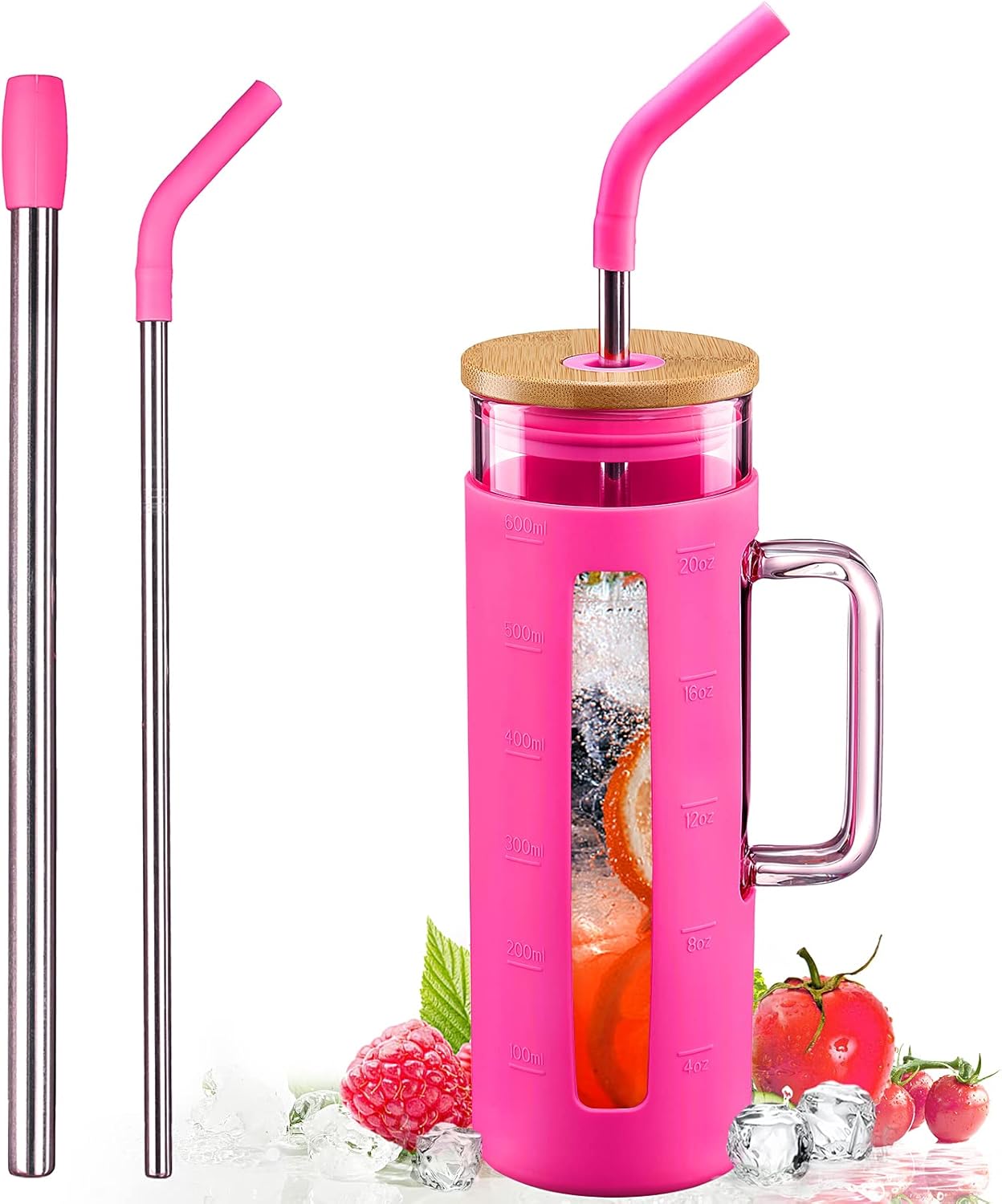 Kodrine Tumbler with Lid and Straw, 20 oz Glass Coffee Tumbler with Handle, Smoothie Cup with Bamboo Lid | Time Marker | Silicone Protective Sleeve, BPA Free -Rose Red