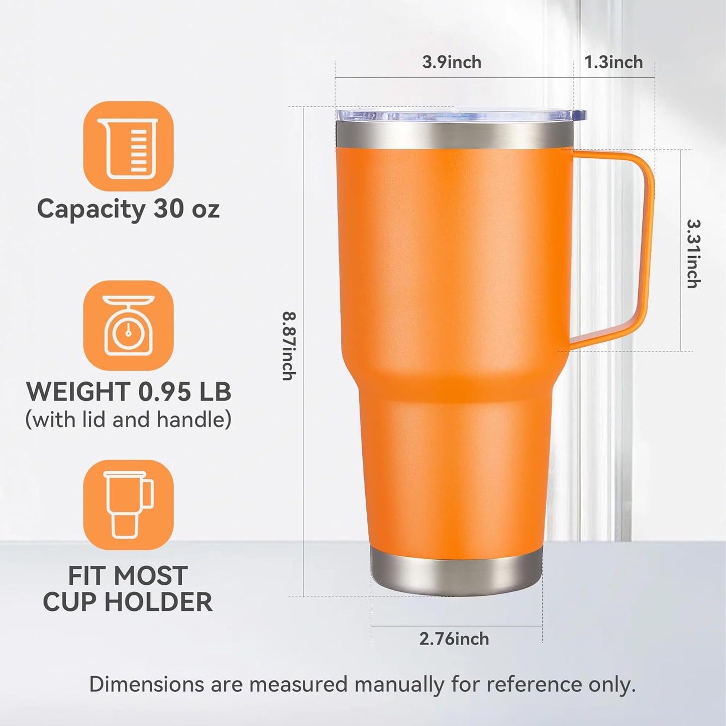 30 oz Tumbler with Handle and Lid, Stainless Steel Tumblers Double Wall Vacuum Insulated Travel Mug Leak Proof Cup Keep Drinks Cold and Hot Orange, 1 Pack