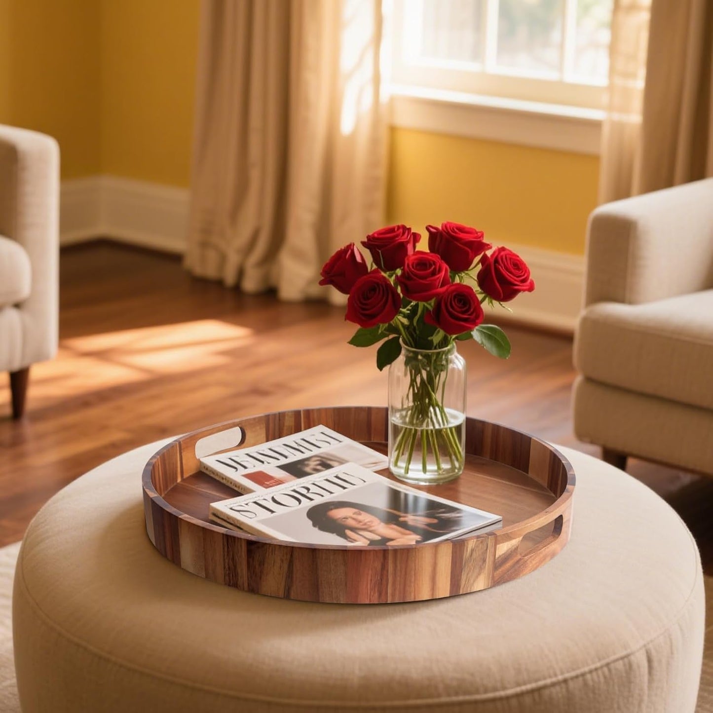 Extra Large Tray for Ottoman 22" Wooden Tray Ottoman Trays Large Acacia Wood Serving Tray with Handles Wooden Trays for Party, Food Serving, Breakfast, Dinner, Coffee Tea, Appetizers