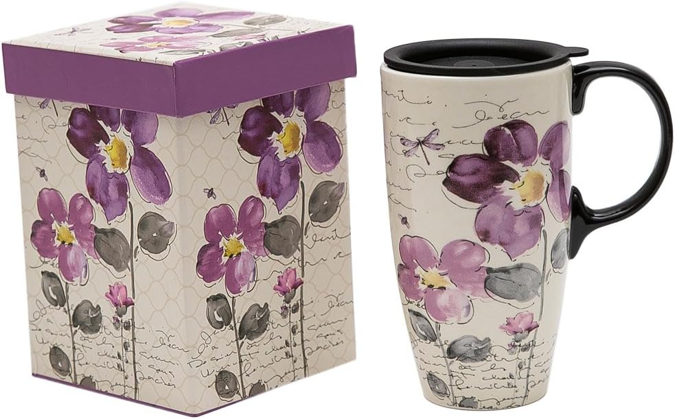 Topadorn Tall Ceramic Travel Mug 17 oz. Coffee Cups Sealed Lid With Color Box (Purple Flower)