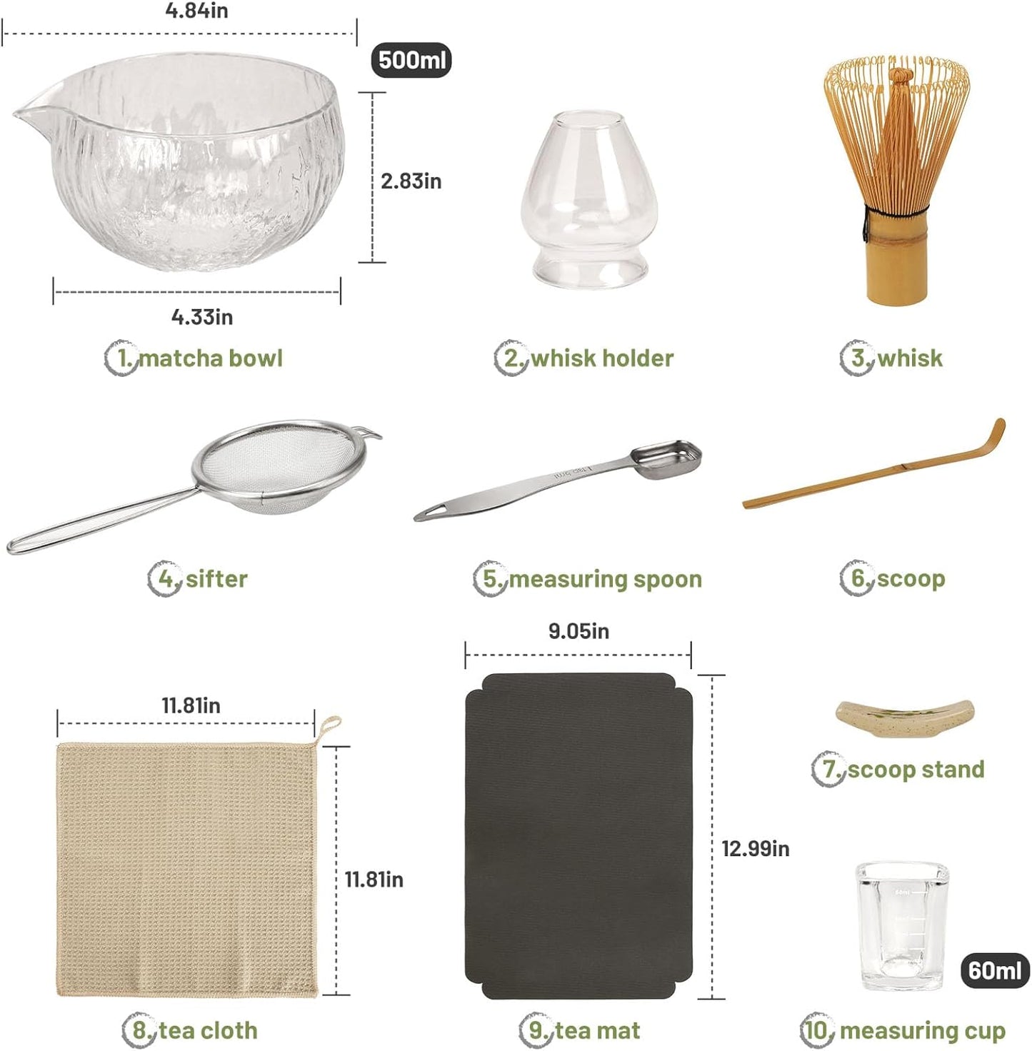 10-Pcs Matcha Kit Set, Whisk and Bowl with Spout & Measuring Spoon, Japanese Matcha Tea Making Tools, Transparent Textured Glass