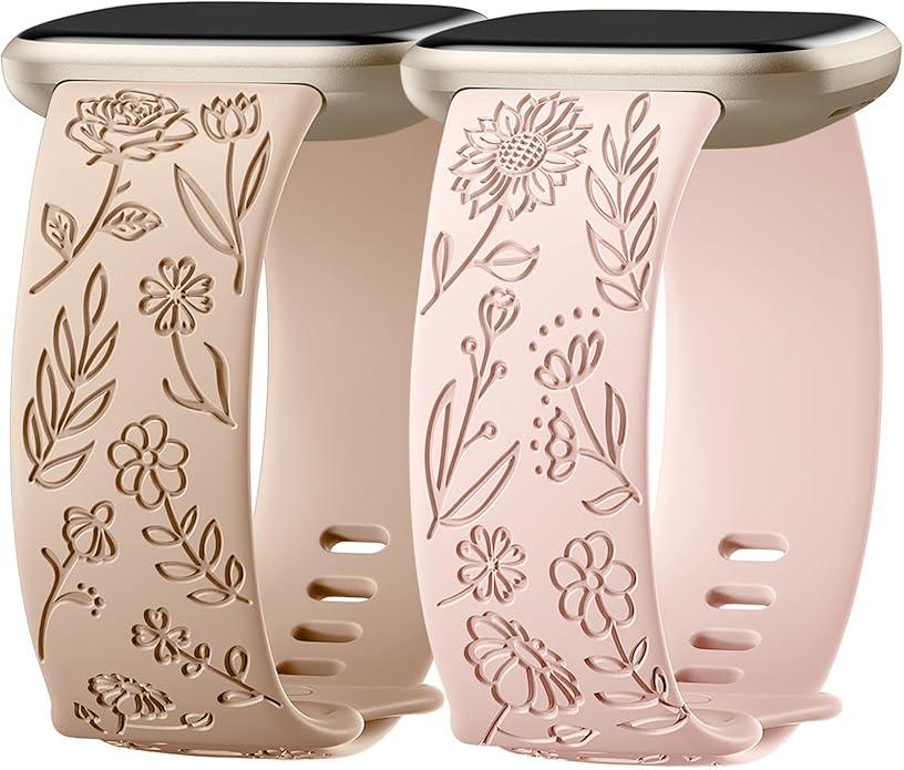 SNBLK 2 Pack Engraved Bands Only Compatible with Fitbit Versa 3/Fitbit Sense/Fitbit Versa 4/Fitbit Sense 2 Bands Four Models, Sunflower Rose Elegant Soft TPU Floral Pattern Replacement Strap Women