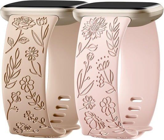 SNBLK 2 Pack Engraved Bands Only Compatible with Fitbit Versa 3/Fitbit Sense/Fitbit Versa 4/Fitbit Sense 2 Bands Four Models, Sunflower Rose Elegant Soft TPU Floral Pattern Replacement Strap Women