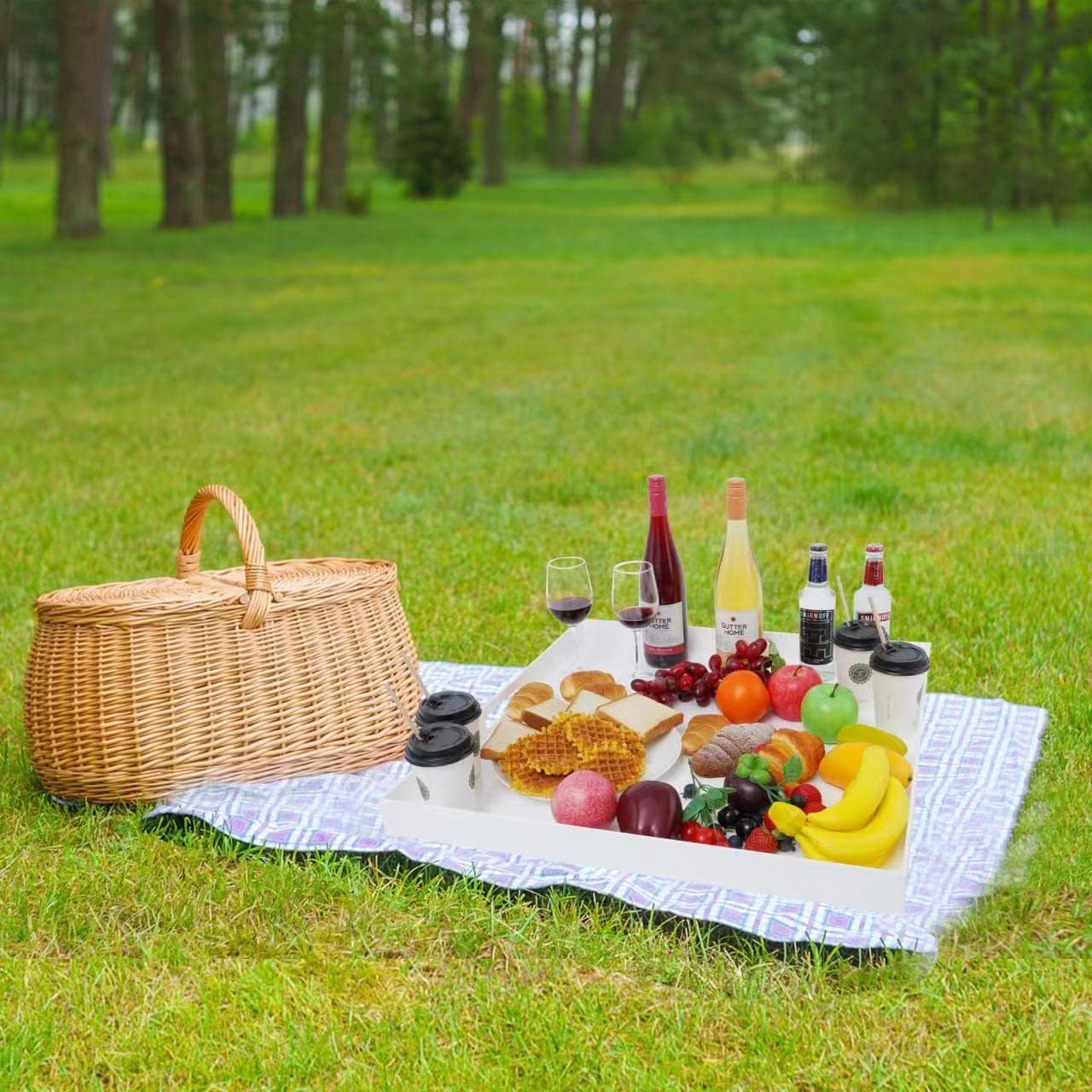 24×24 Inches Glossy White Acrylic Serving Tray with Handles Extra Large Ottoman Tray Decorative Trays Spill-Proof Coffee Table Space Saver Oversize Counter top Organizer Platter with Safe Edge