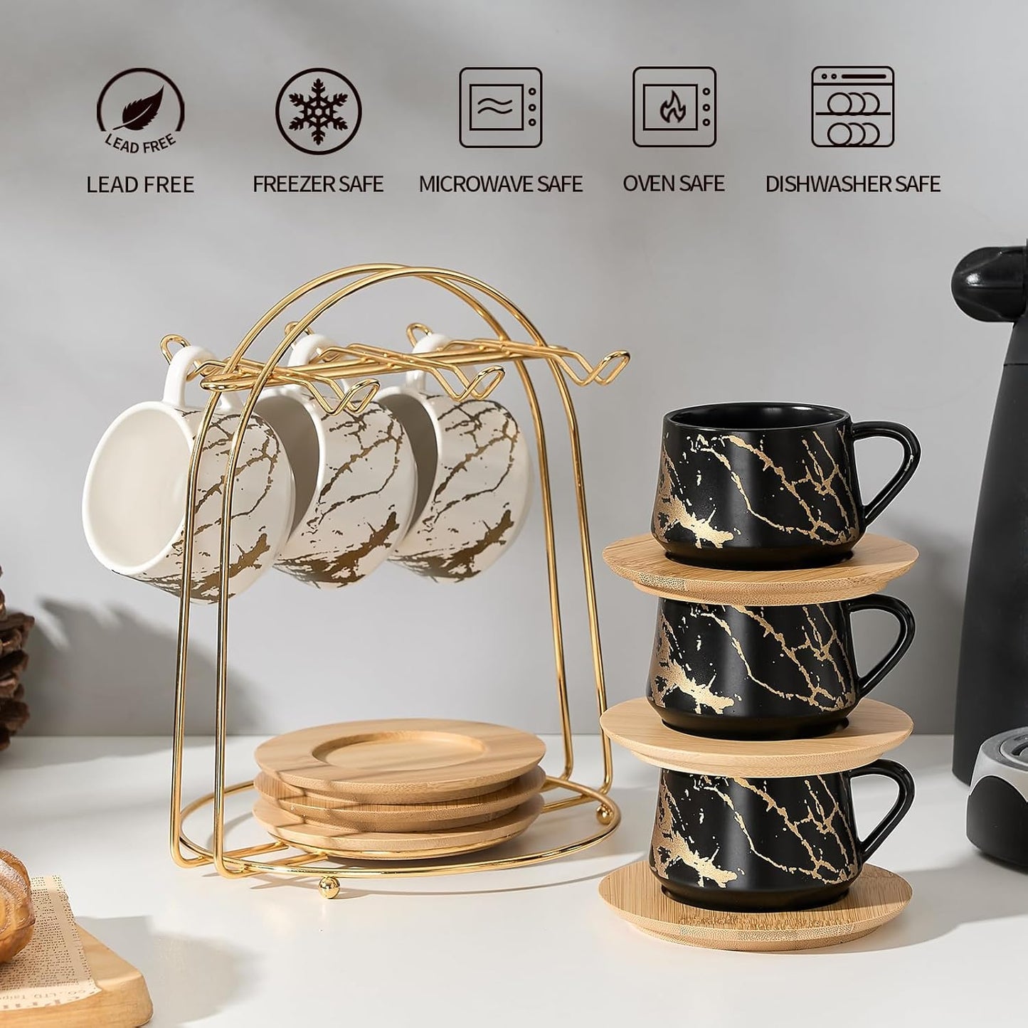 LUKA Ceramic Espresso Cups with Saucers and Metal Stand, Small 4 oz Porcelain Demitasse Cups Set of 6, Cute Cappuccino Coffee Cups for Double Espresso, Tea, Marbling White & Black