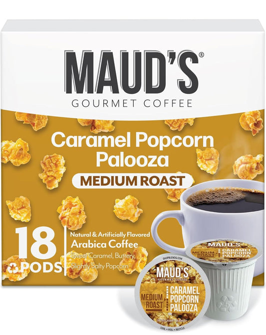 Maud's Caramel Popcorn Flavored Coffee Pods, 18 ct, Medium Roast Flavored Coffee in Recyclable Single Serve Pods – 100% Arabica Beans, Compatible with Keurig K Cups Maker