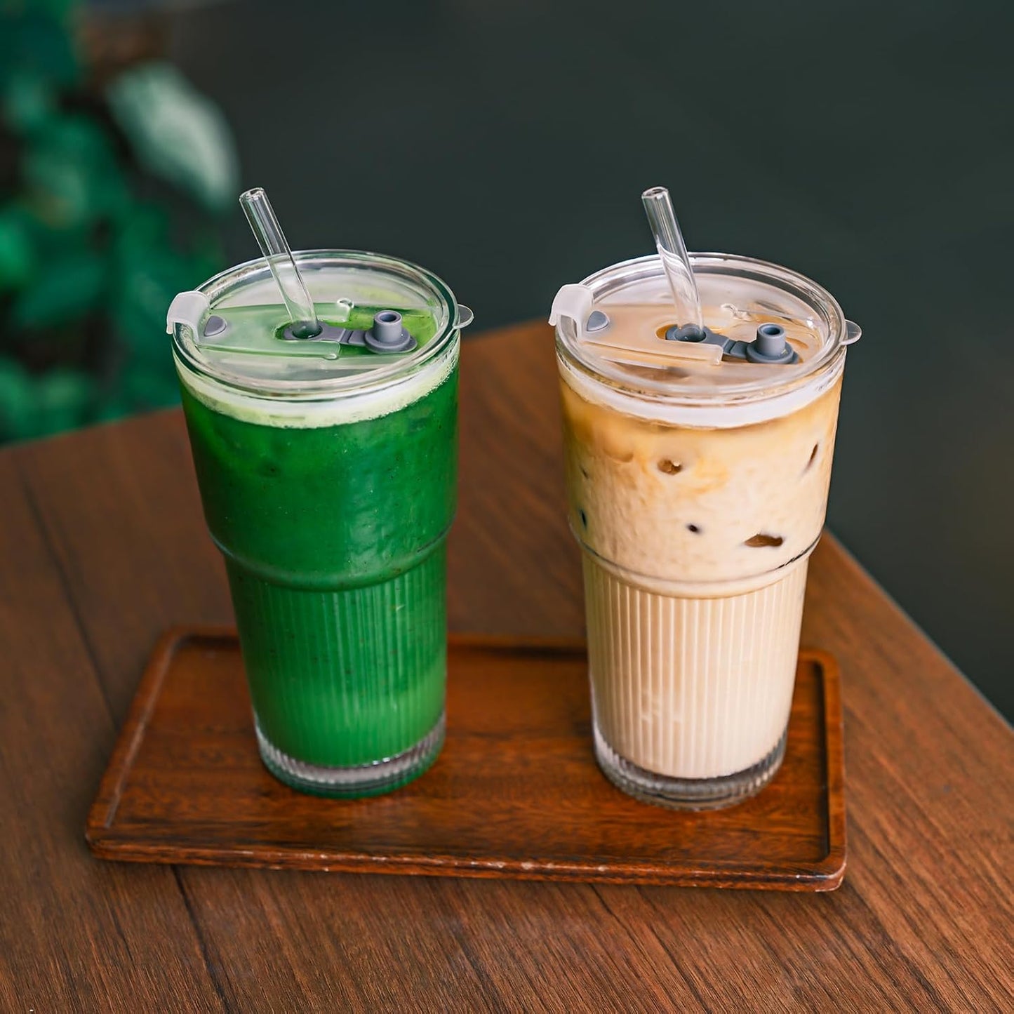 20oz Glass Tumblers with Lids and Straws - Stylish Vintage Ribbed Design for Iced Coffee, Juice, Smoothies, Milkshakes, Cold Beverages & Whiskey Cocktail Beer - Includes Cleaning Brush (2pack-Frosted)