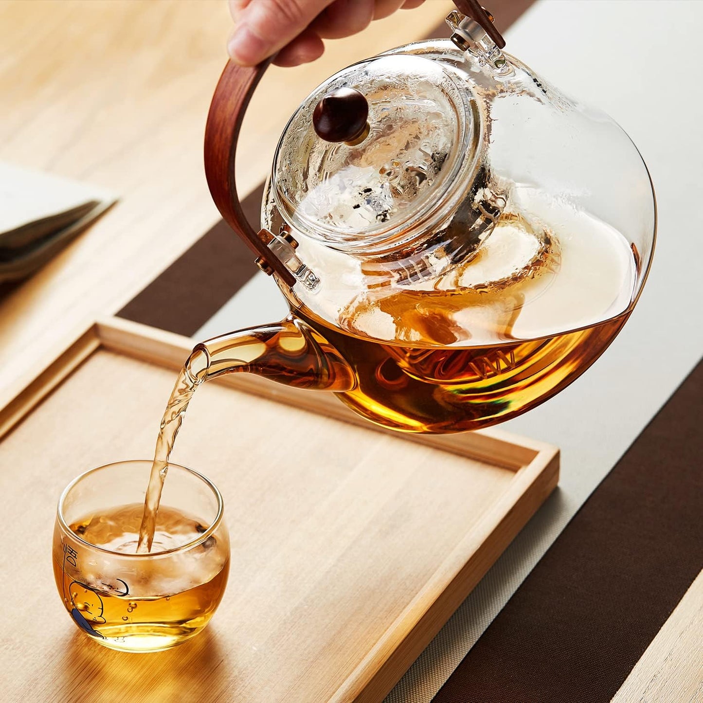 40oz Glass Teapot with Anti-Drip Spout, Peach Wood Handle and Lid, Heat-Resistant Borosilicate Glass, Dual Infusers for Steaming and Boiling