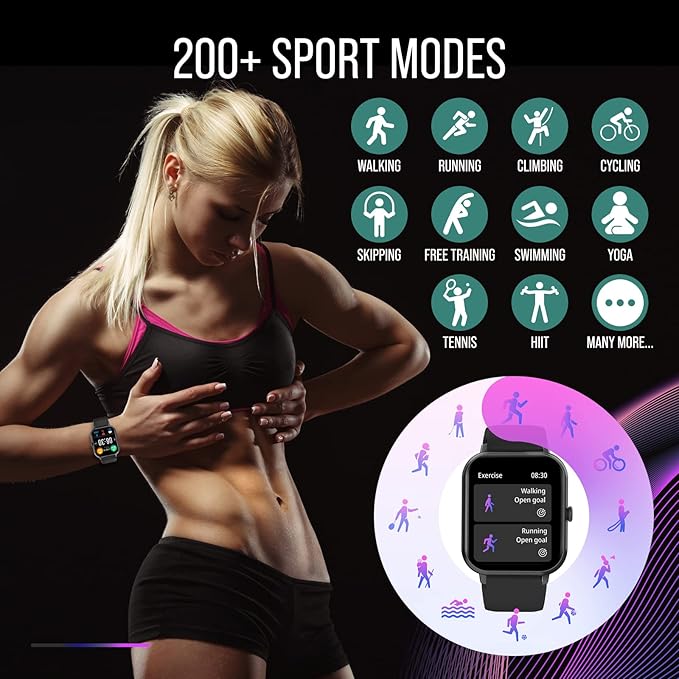 Smart Watch (Answer/Make Calls) 1.83" Fitness Tracker Heart Rate Blood Pressure Oxygen Sleep Monitor 200 Sport Modes Step Calories Trackers IP67 Waterproof Android iPhone Women Men (Black)