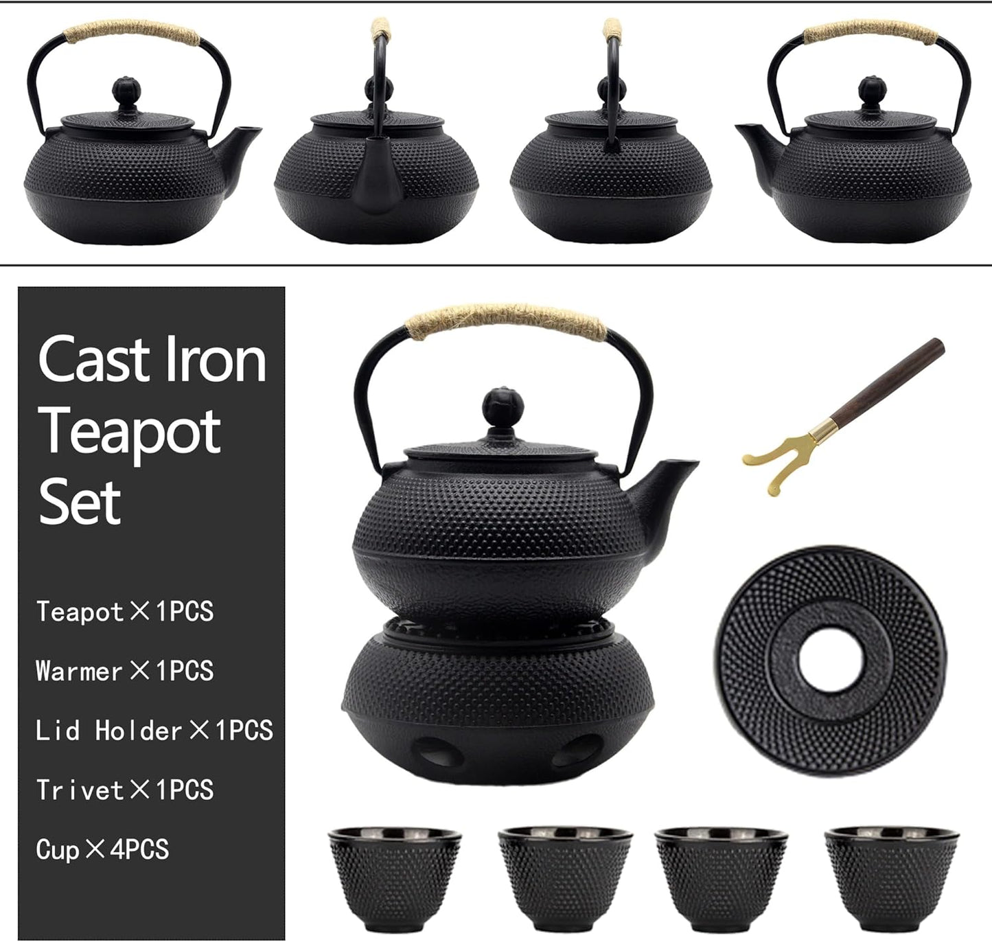 YJX Cast Iron Teapot Set with Cast Iron Warmer, Japanese Tetsubin Tea Kettle Set with Cups,Cast Iron Teapot with Stainless Steel Infuser and Enameled Interior(600ml Teapot Set Combination 1), Black