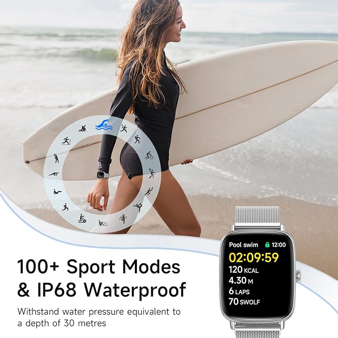 Smart Watch, 1.85" HD Smartwatch for Men Women (Answer/Make Calls), 100+ Sport Fitness Watch with Heart Rate/Sleep/SpO2 Monitor, IP68 Waterproof Reloj Inteligente Compatible iPhone/Samsung/Android