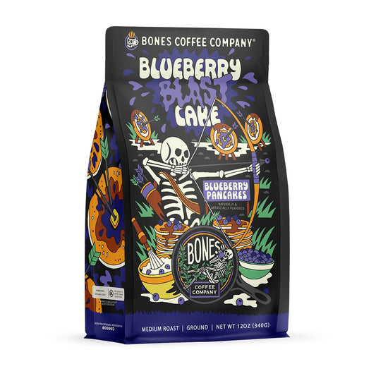 Bones Coffee Company Blueberry Blast Cake, Blueberry Pancakes Flavored Coffee, Medium Roast Low Acid Arabica Beans Compatible with Auto drip and French Press Coffee Maker, 12 Oz Ground