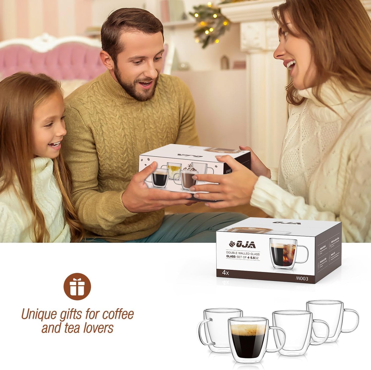 Espresso Cups Set of 4, Double Wall Hand Blown 5.5OZ Espresso Shots Glass, Coffee Mugs with Handle Perfect for Cappuccino, Latte, Tea