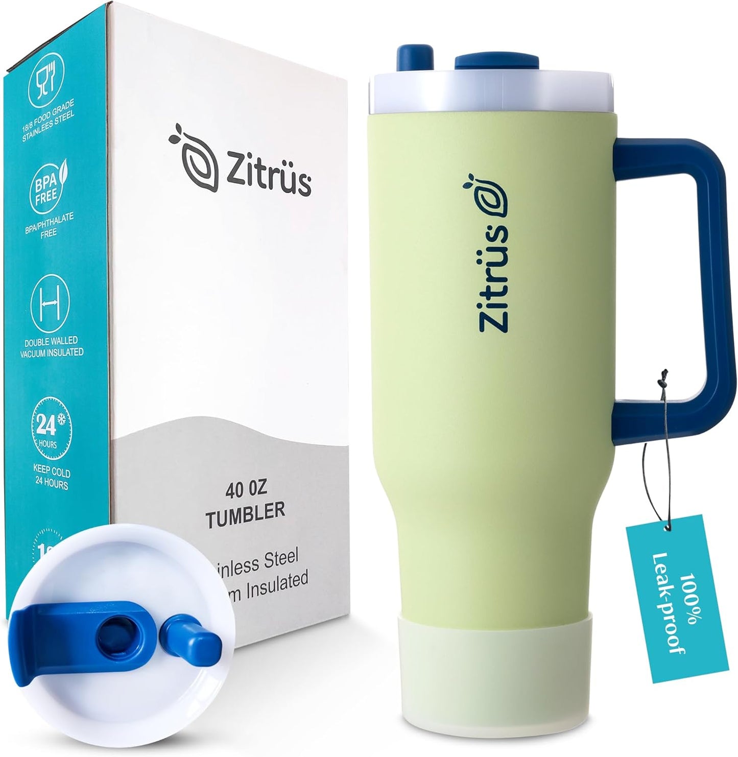 40 oz Tumbler with Handle and Straw | Leak Proof Insulated Stainless Steel Water Bottle Travel Mug Fits in Cup Holder | Keeps Cold Hot | Gifts for Women Men Him Her (Pastel Green, 40 oz)