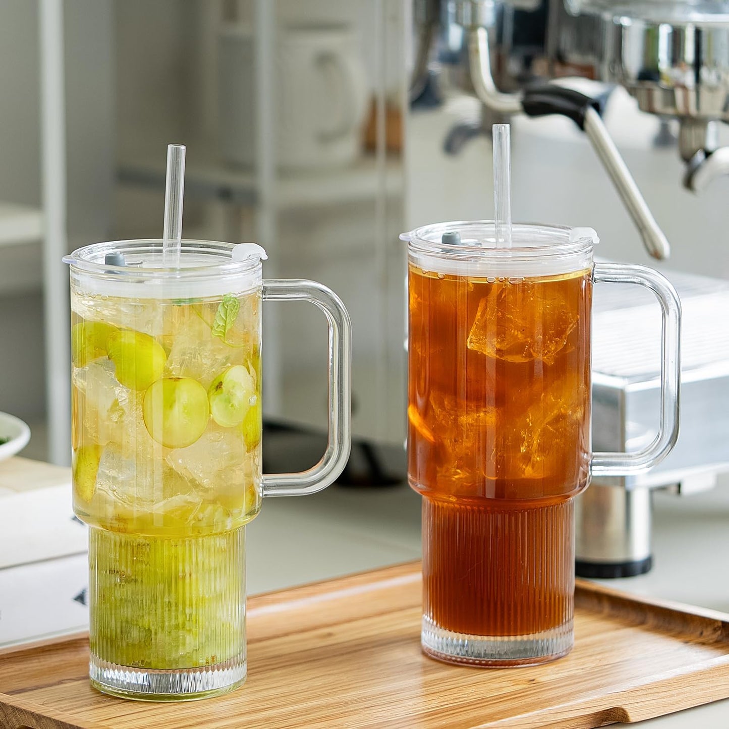KEMORELA 2-Pack 26oz Ribbed Glass Tumblers with Handle and Lid – Large Aesthetic Iced Coffee Cups with Straws, Modern Textured Glass Mugs for Smoothies, Tea, Juice & Cold Beverages, Dishwasher Safe