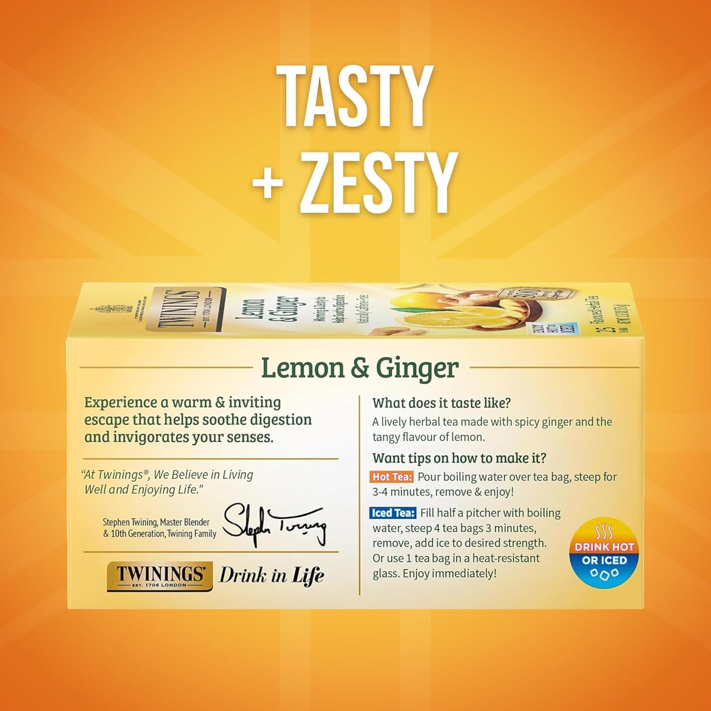 Twinings Lemon & Ginger Herbal Tea Individually Wrapped Bags, 25 Count (Pack of 6), Spicy Ginger, Lemon Peel, & Lemongrass, Naturally Caffeine-Free, Enjoy Hot or Iced, 150 Teabags
