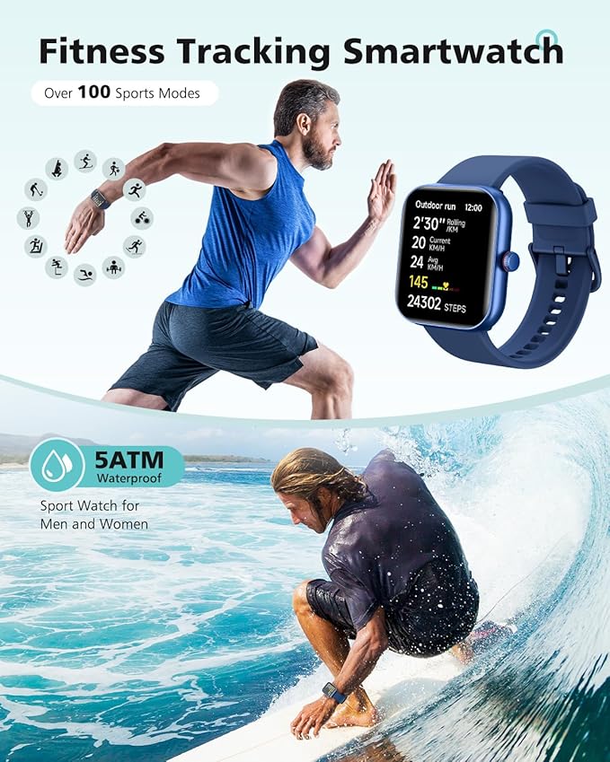 Smart Watch for Women and Men, Android & iPhone Compatible, Fitness Watch Bluetooth Call & Receive Text, Smartwatch with Alexa, Fits Wrists 6.5-9.2 Inches, Waterproof, Blue