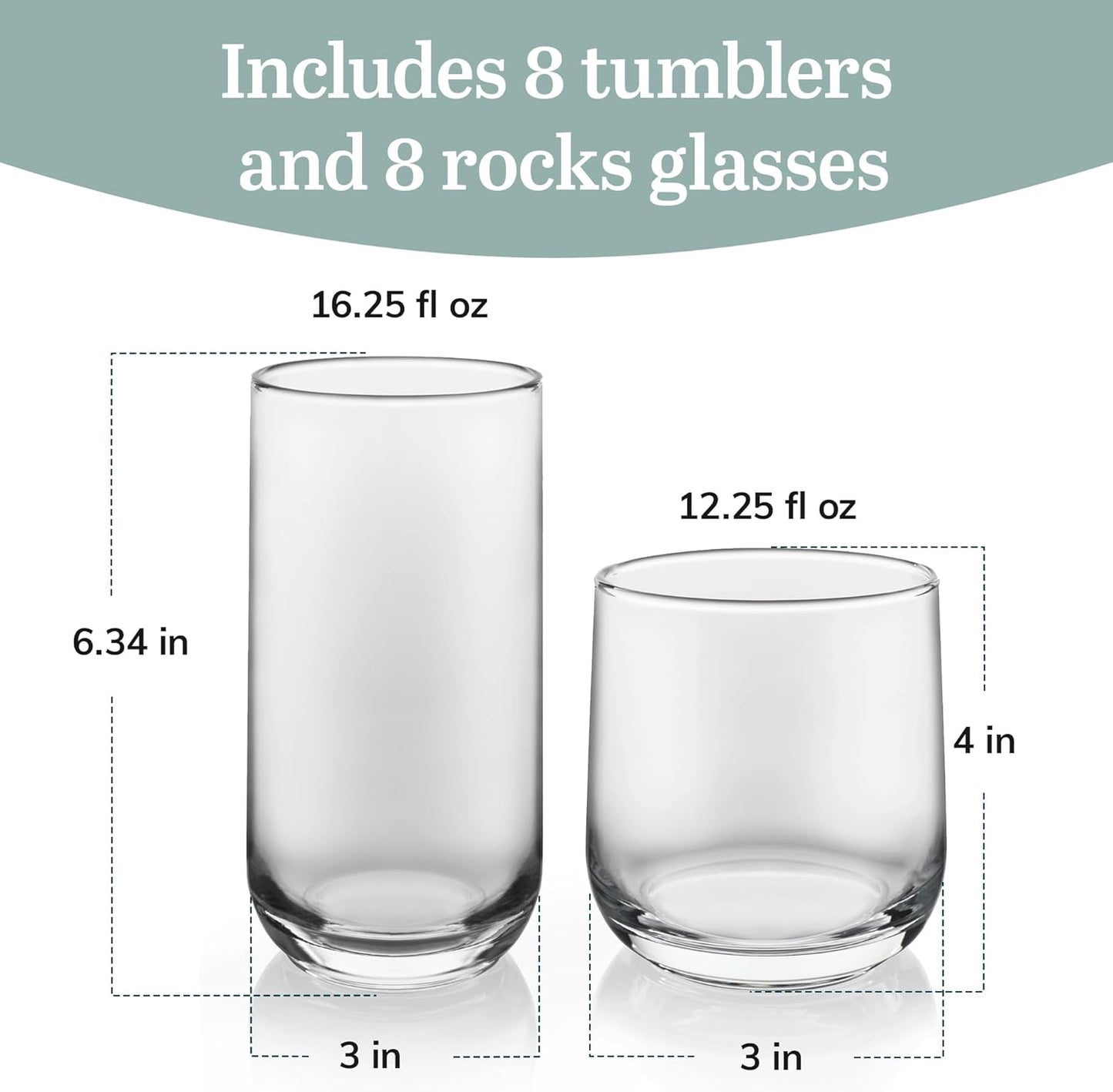 Libbey Ascent Tumbler and Rocks Drinking Glasses Set of 16, Glass Drinking Glasses with Curvature, Versatile Glassware Set for Parties and More