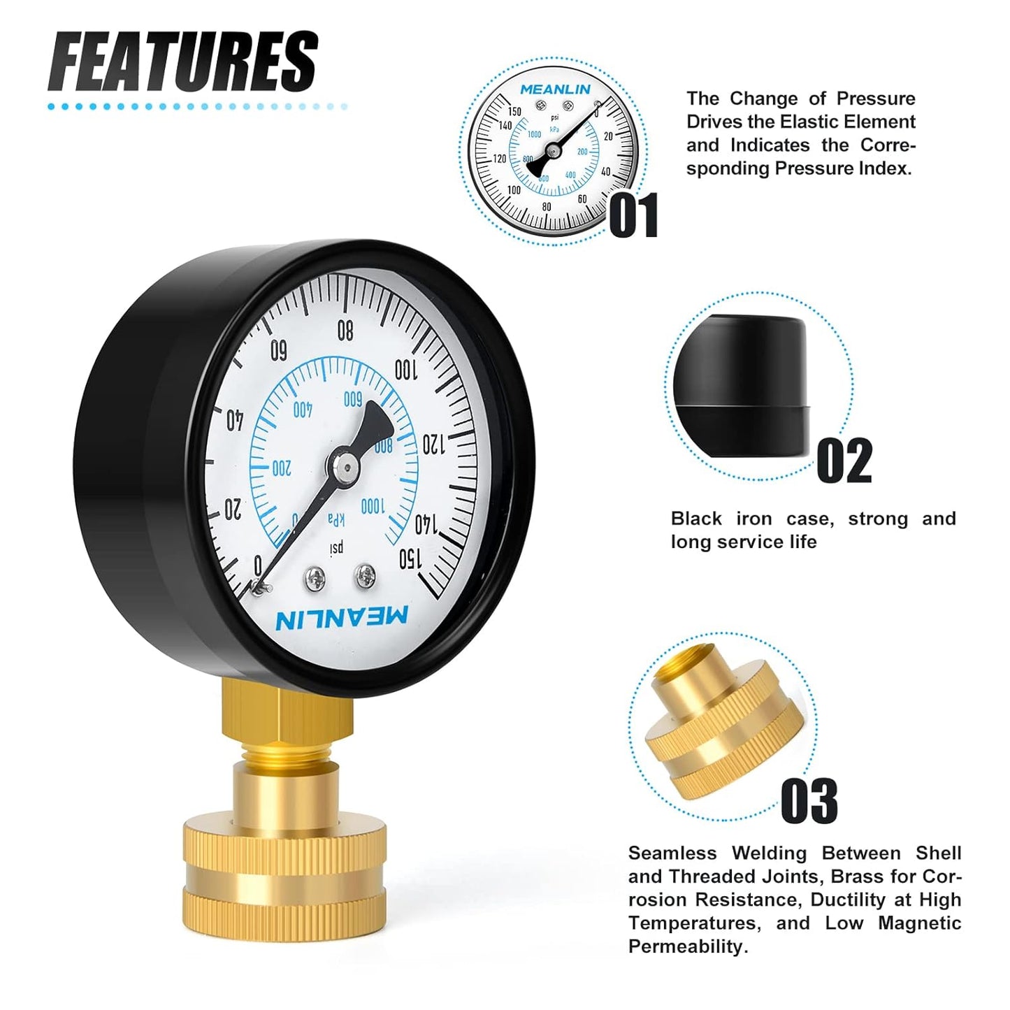 MEANLIN MEASURE 0-150psi Water Pressure Gauge,3/4" Female 2.5" FACE DIAL Water Pressure Test Gauge with Sealing Ring, Water Pressure Gauge for Home