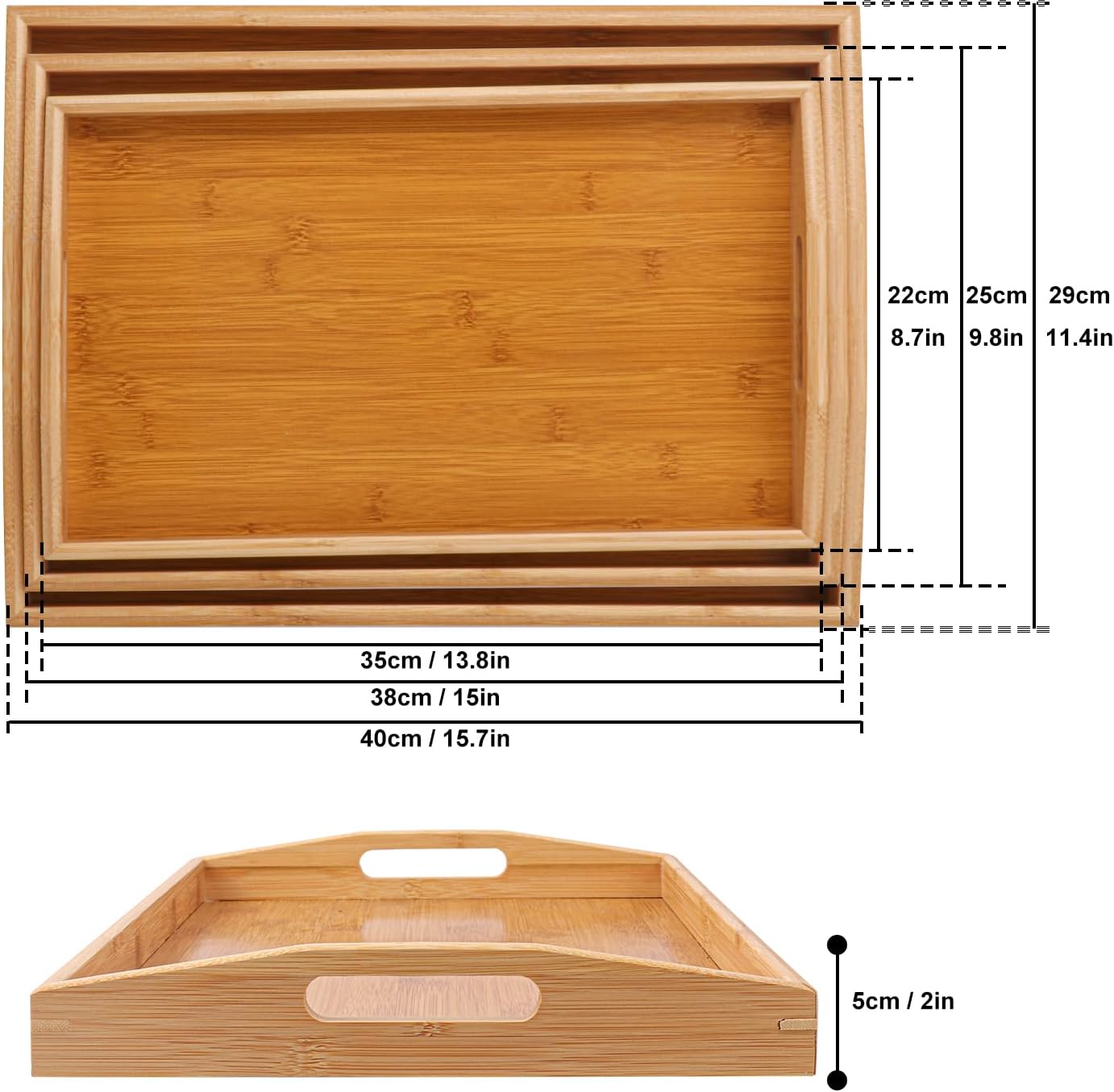 3 PCS Bamboo Serving Tray, 3 Size Nested Breakfast Bed Tray with Handle, Wood Serving Tray for Serving, Breakfast Bed Trays for Eating, Decor, Displaying Cake, Fruit