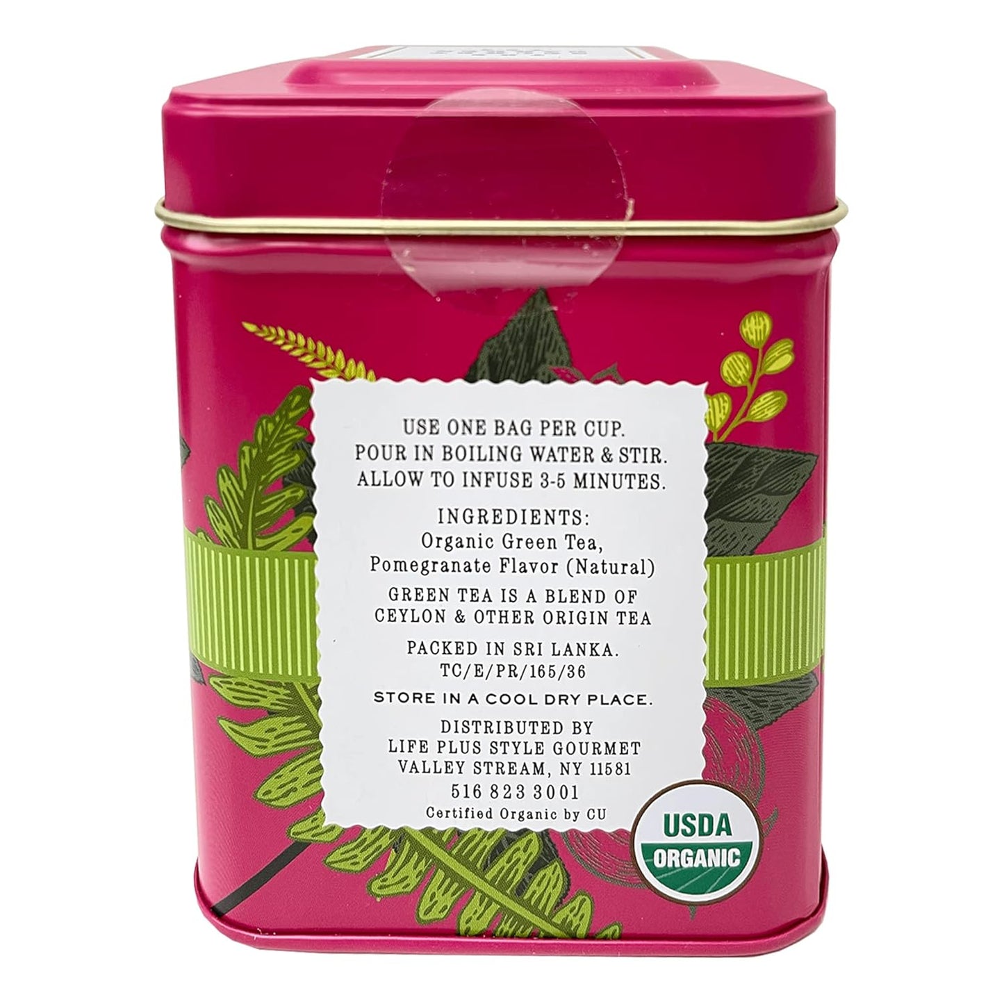 Organic Pomegranate Ceylon Green Tea - 50 Packets - Natural Antioxidant Rich Herbal Leaf Teabags - USDA Certified 100% Non-GMO - Caffeinated Designer Gift Tin