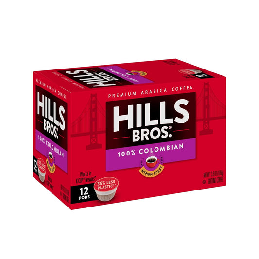Hills Bros Single Serve Coffee Pods, 100% Colombian Ground Coffee, Medium Roast, 12 Count – Keurig Compatible, Roasted 100% Arabica Beans, Smooth Balanced Flavor