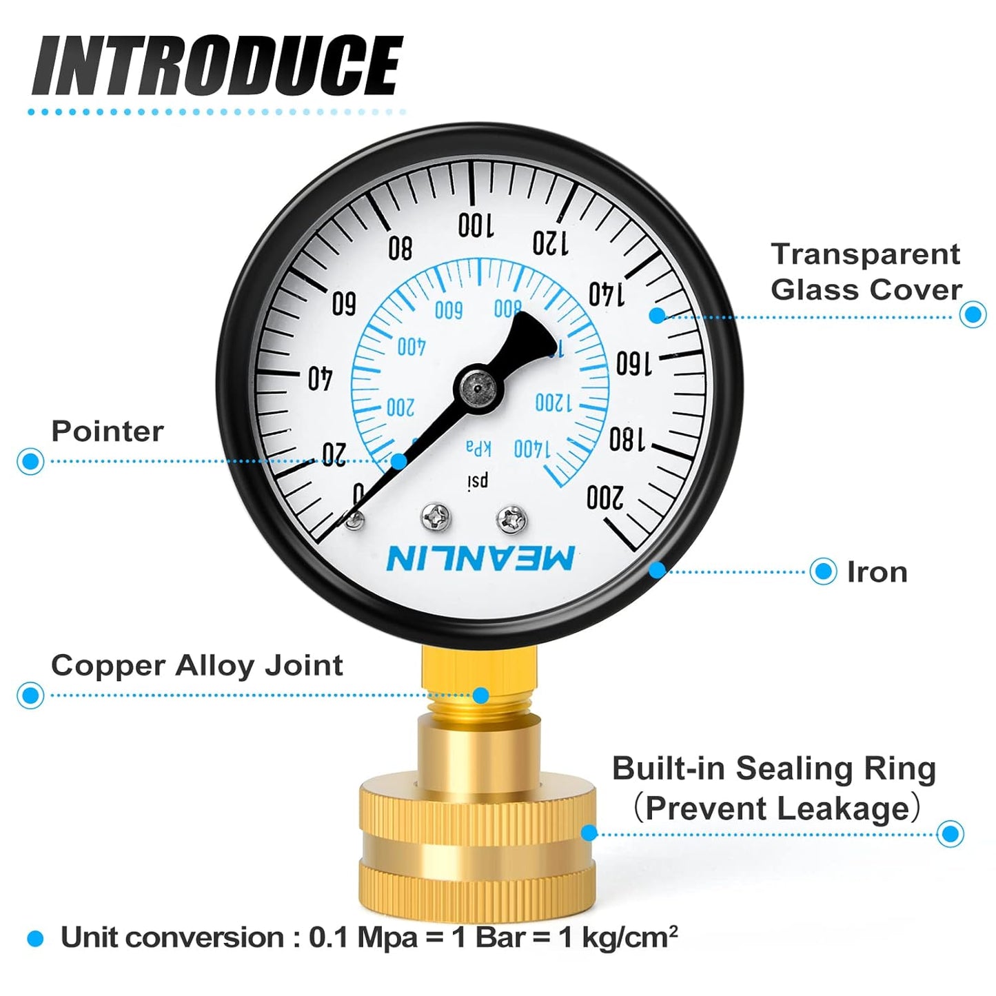 MEANLIN MEASURE 0-200Psi Water Pressure Gauge, 3/4" Female 2.5" FACE DIAL Water Pressure Test Gauge, Water Pressure Gauge for Home with Sealing Ring