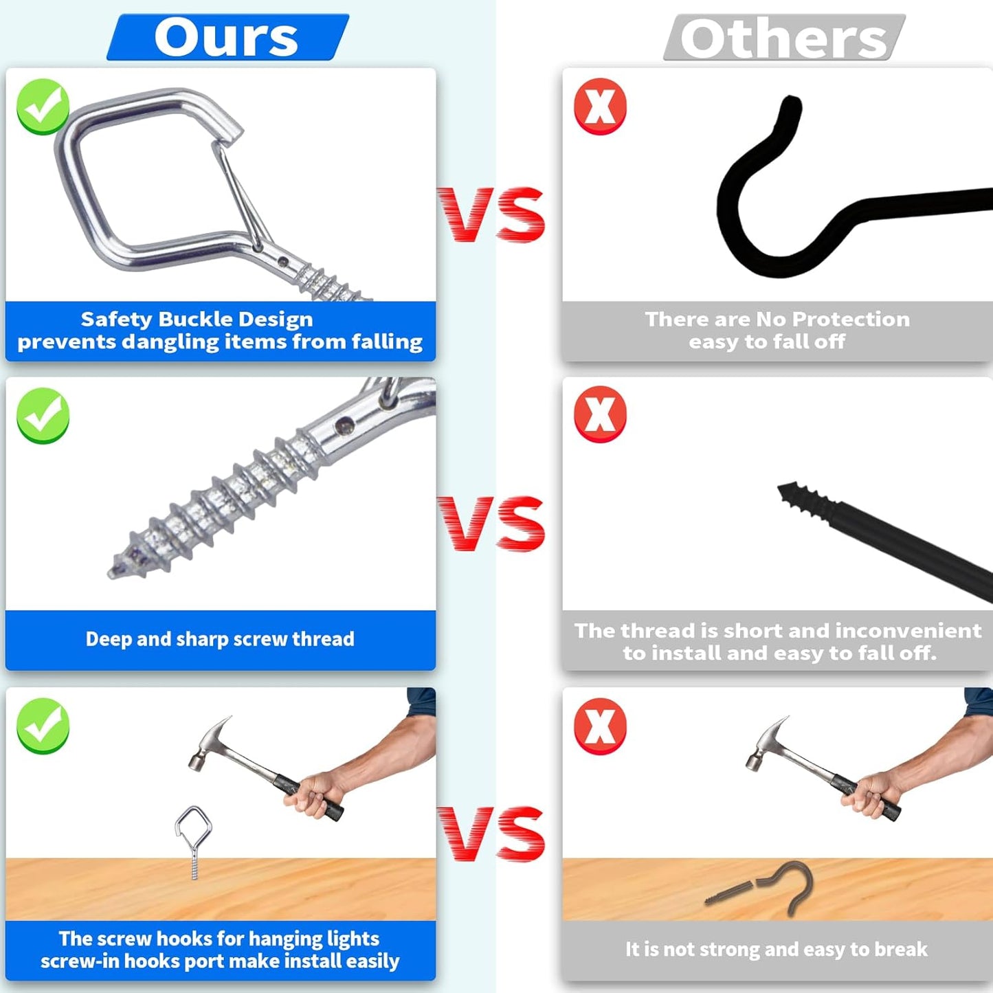 10 PCS Eye Screw Hooks for Hanging Heavy Duty with Safety Buckle.Metal Ceiling Hooks for Hanging Plants,Cup,Wind Chime,Bird Feeders,christmas String Lights at Indoor&Outdoor,2.36 Inch(No Drill Bit)