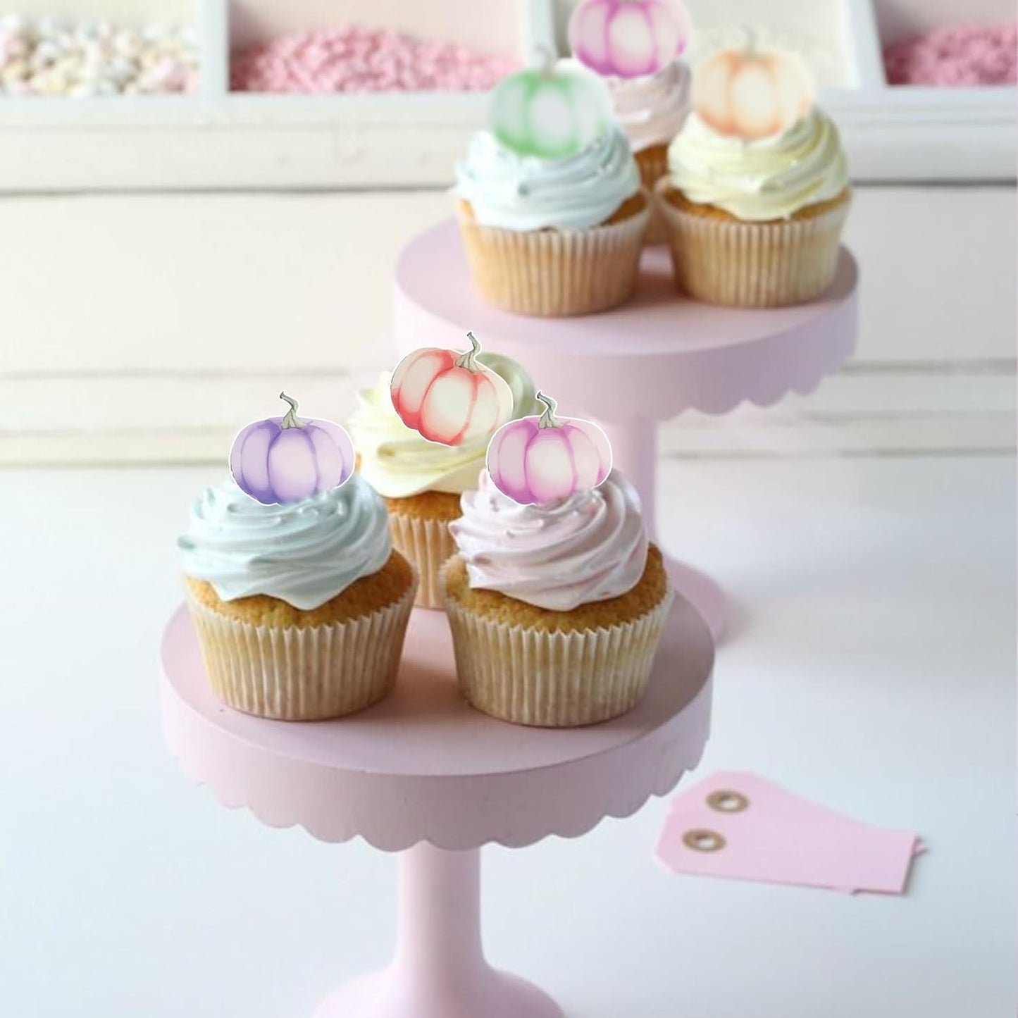 40Pcs Edible Pumpkin Cupcake Toppers Autumn Thanksgiving Theme Party Wafer Paper Color Pumpkin Cupcake Toppers Baby Gender Reveal Party Supplies