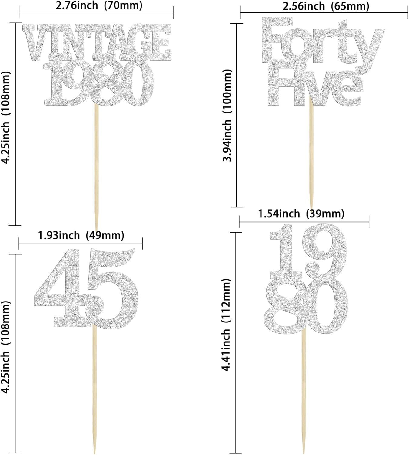 Gyufise 24Pcs 45th Birthday Cupcake Toppers Glitter Cheers to 45 Fabulous Forty Five Vintage 1980 Cupcake Picks 45th Birthday Wedding Anniversary Party Cake Decorations Supplies Silver