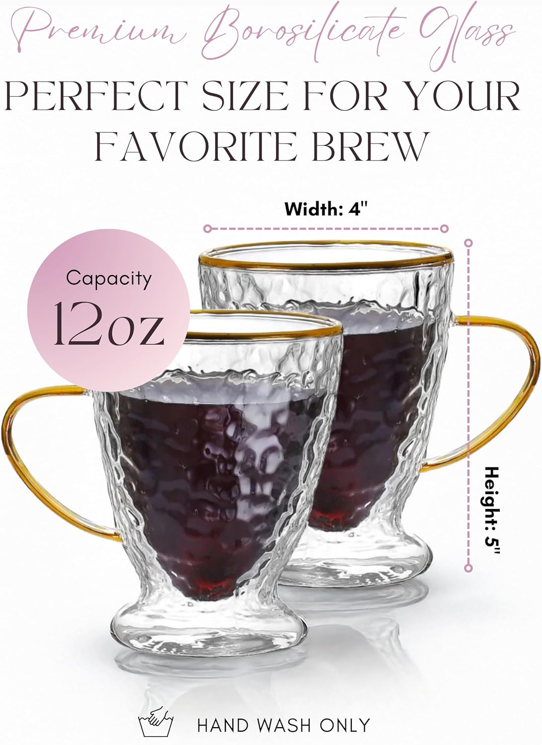 Sister.ly Drinkware, Hammered Double Wall Glass Coffee Cups with Gold Rim and Gold Handle, Insulated Glass Coffee Mugs, Set of 2, 12 ounces. Perfect for Espresso, Latte, Tea, Irish Coffee