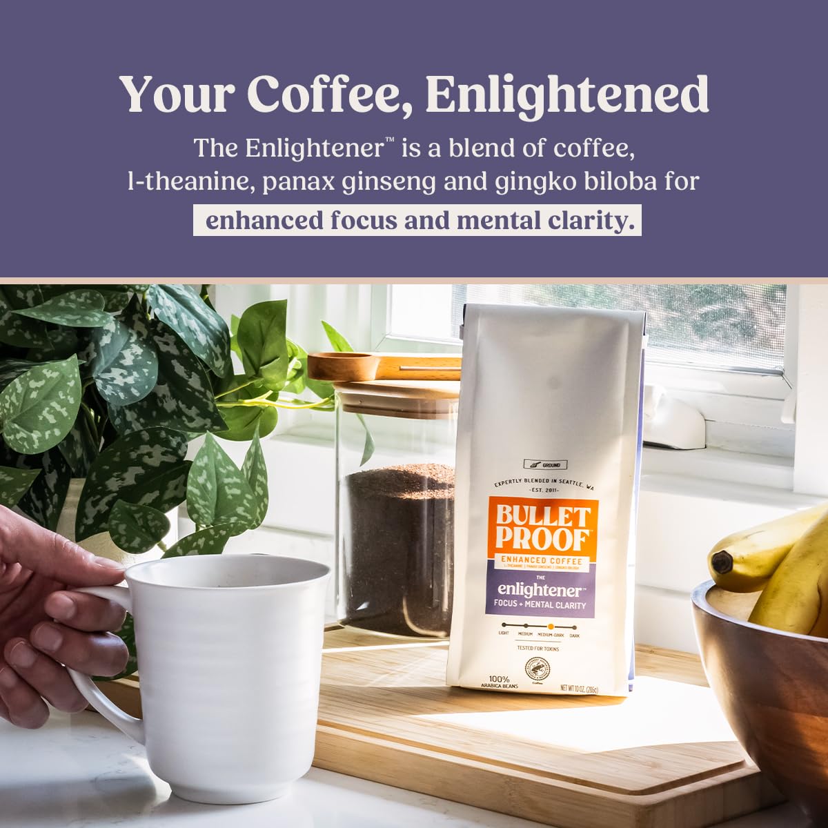 Bulletproof The Enlightener Ground Coffee, 10 Ounces, Medium-Dark Roast Enhanced Coffee with L-Theanine, Panax Ginseng and Gingko Biloba, Supports Mental Clarity, Focus, and Memory