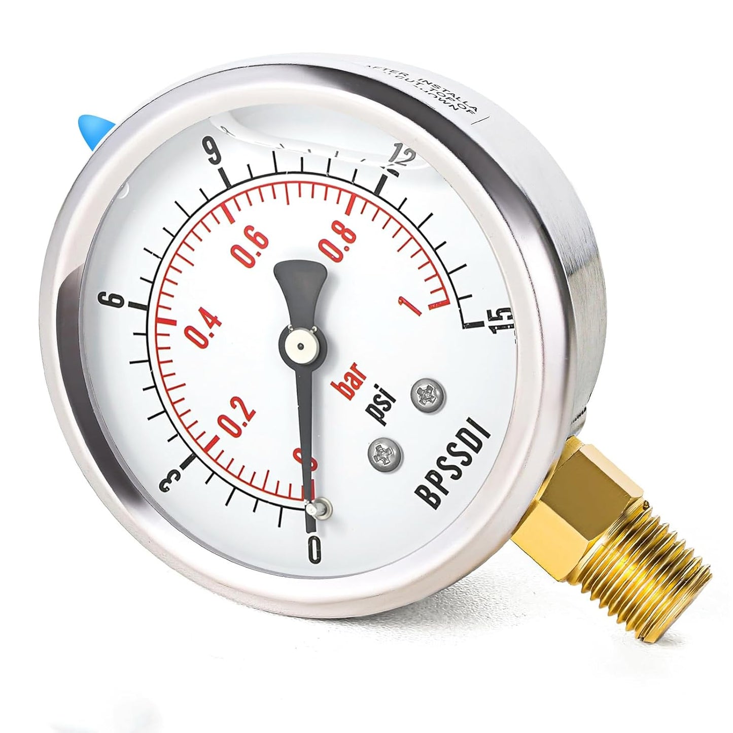 0-15 Psi Glycerin Liquid Filled Low Pressure Gauge, 2.5" Dial Size, 1/4" NPT Lower Mount, 304 Stainless Steel Case, for Water Pipe, HVAC, Water Oil Air Pressure Test