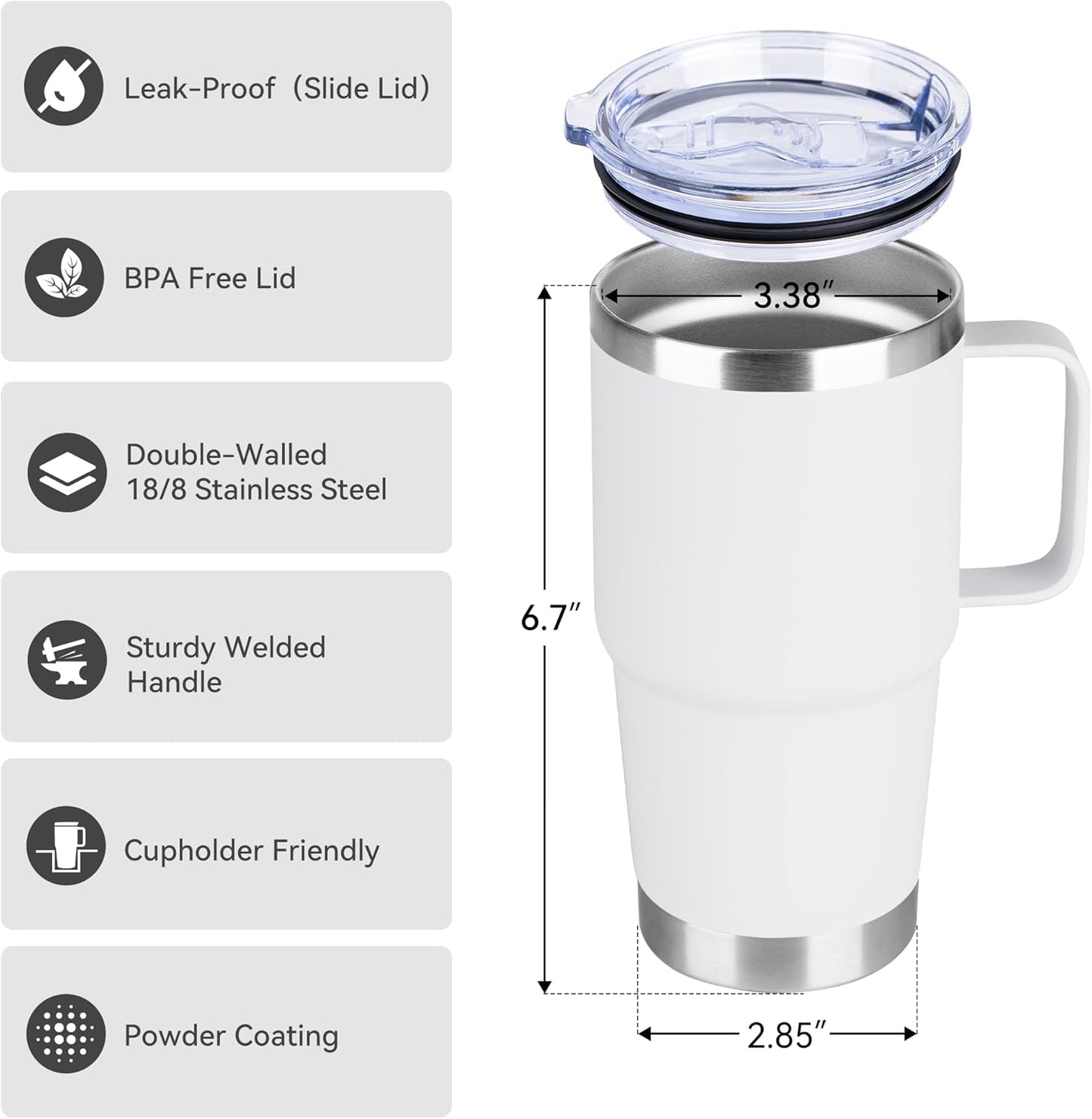 HASLE OUTFITTERS 20oz Tumbler Bulk with Lid, Stainless Steel Tumbler Bulk with Handle, Metal Insulated Travel Coffee Mug Set with Handle, Double Wall Vacuum Leak Proof Tumbler Cup, White 12 Pack