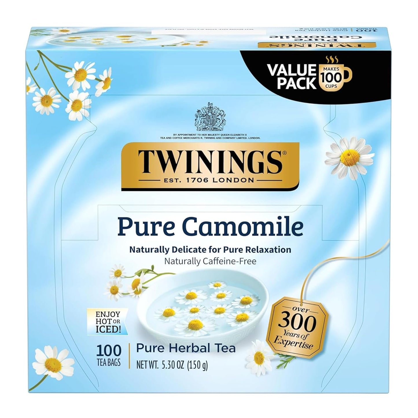 Twinings Pure Camomile Herbal Tea Individually Wrapped Bags, 100 Count (Pack of 1), Delicate for Pure Relaxation, Naturally Caffeine-Free, Enjoy Hot or Iced, 100 Teabags