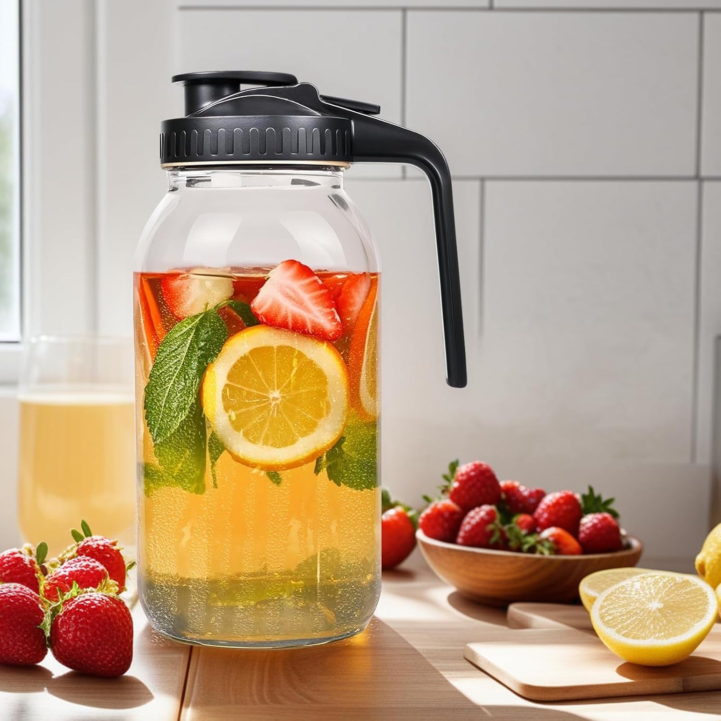 3 Pack 64oz Glass Mason Jar Pitcher with Airtight Lid and Handle – Wide Mouth, Leak-Proof, Ideal for Sun Tea, Cold Brew, Lemonade, Iced Coffee, Milk, and Water