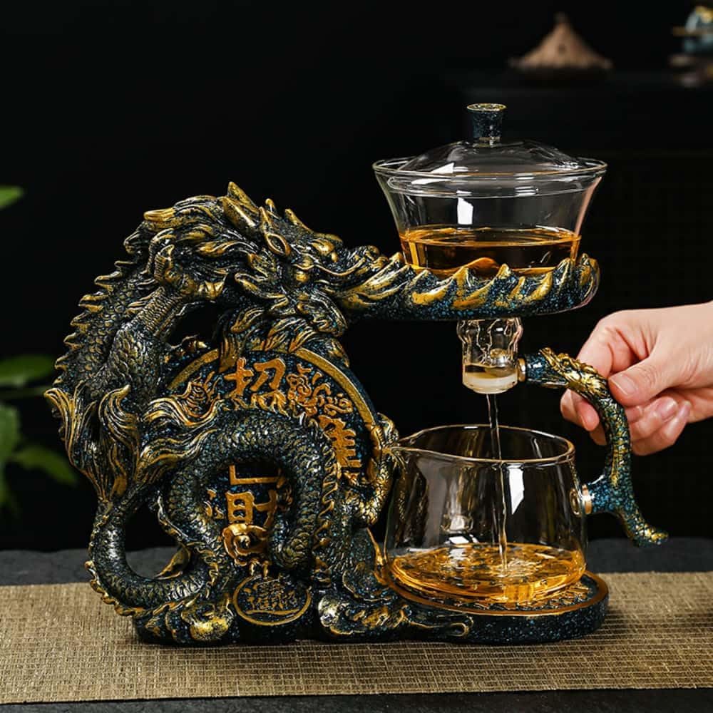 Glass Teapot Set with Infuser Semi Automatic Dragon Tea Set with 6 Small Cups (golden dragon-b)