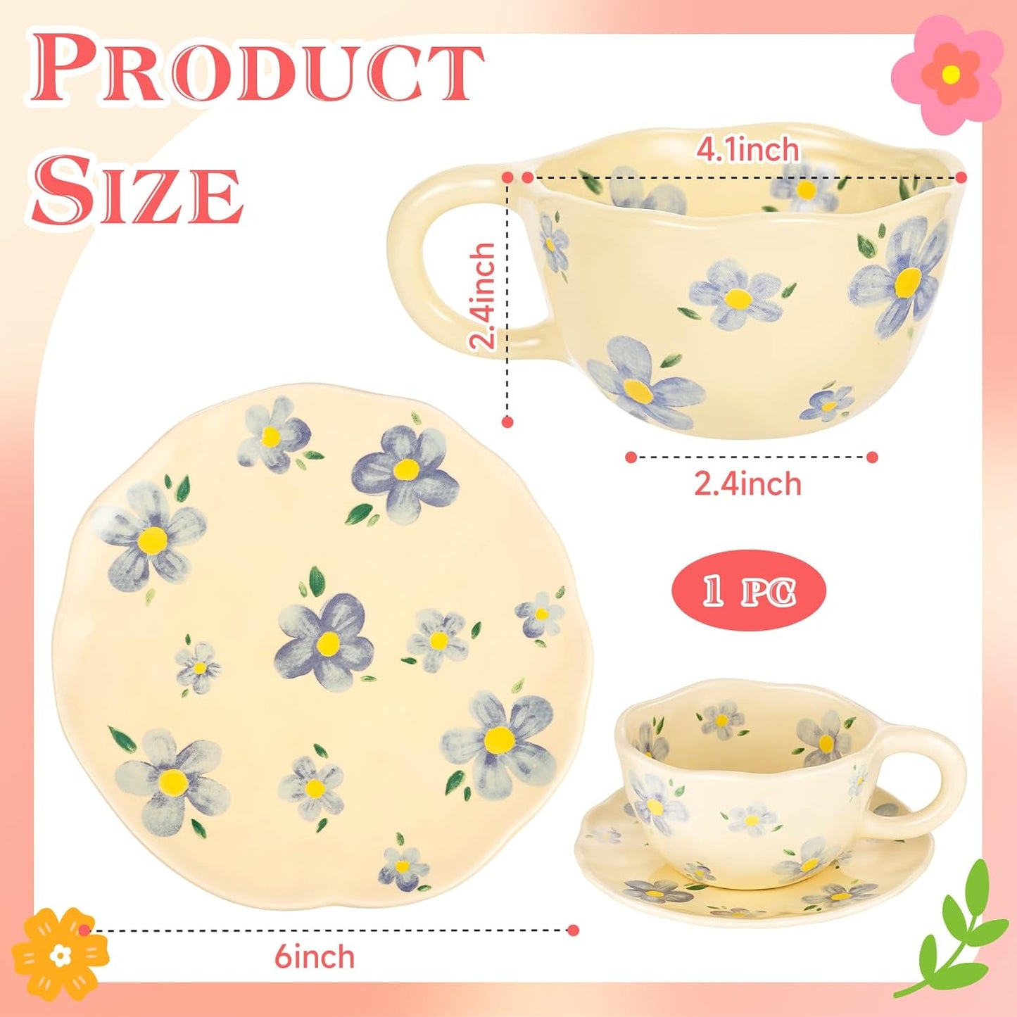 Cappuccino Cups with Saucers 8 oz Latte Art Cup Ceramics Coffee Mugs Irregular Aesthetic Flower Cups for Espresso, Double Shot, Americano, Latte, Tea - Microwave and Dishwasher Safe (Blue Flowers)