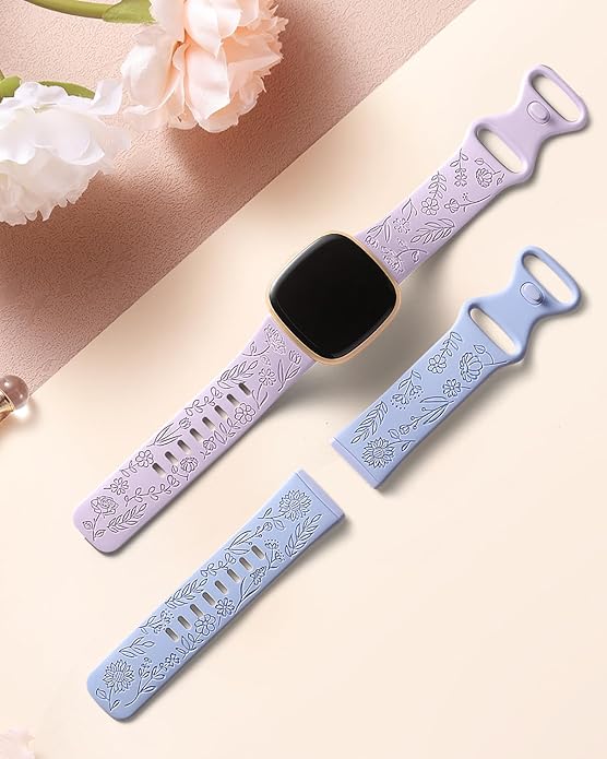 SNBLK 2 Pack Engraved Bands Only Compatible with Fitbit Versa 3/Fitbit Sense/Fitbit Versa 4/Fitbit Sense 2 Bands Four Models, Sunflower Rose Elegant Soft TPU Floral Pattern Replacement Strap Women