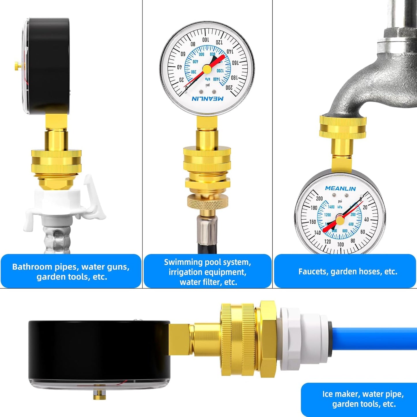 MEANLIN MEASURE 0~200Psi 3/4" Female Water Pressure kit Plus 5 adapters, 2.5" FACE DIAL Multi-Purpose Pressure Gauge kit with Red Indicator Hands, Hydraulic Tester Suitable for Gardens, Water Pipes