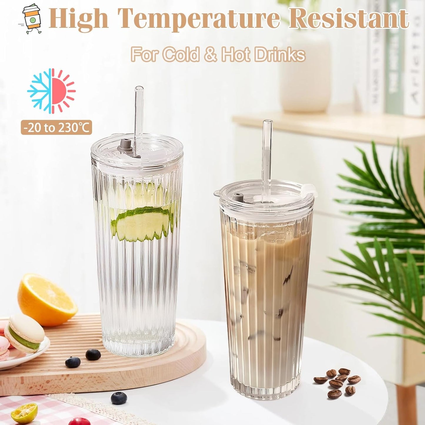 18oz Ribbed Glass Tumbler with Lid and Straw Set of 2: Leak-Proof Drinking Glasses to Go, Reusable Iced Coffee Cups for Cold Drinks, Juice, Smoothie, Glass Cups with Stylish Ribbed Design