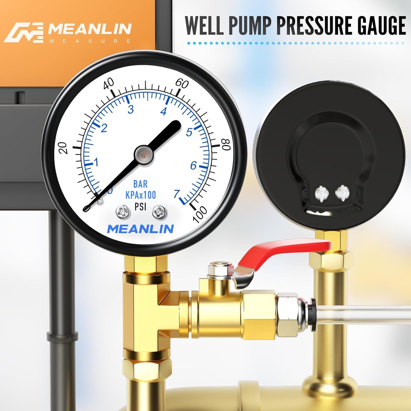 MEANLIN MEASURE 0-100Psi Well Pump Pressure Gauge 2" FACE DIAL 1/4" NPT for Well Pump Water Tire Water Pressure Tester Lower Mount, with Teflon Tape